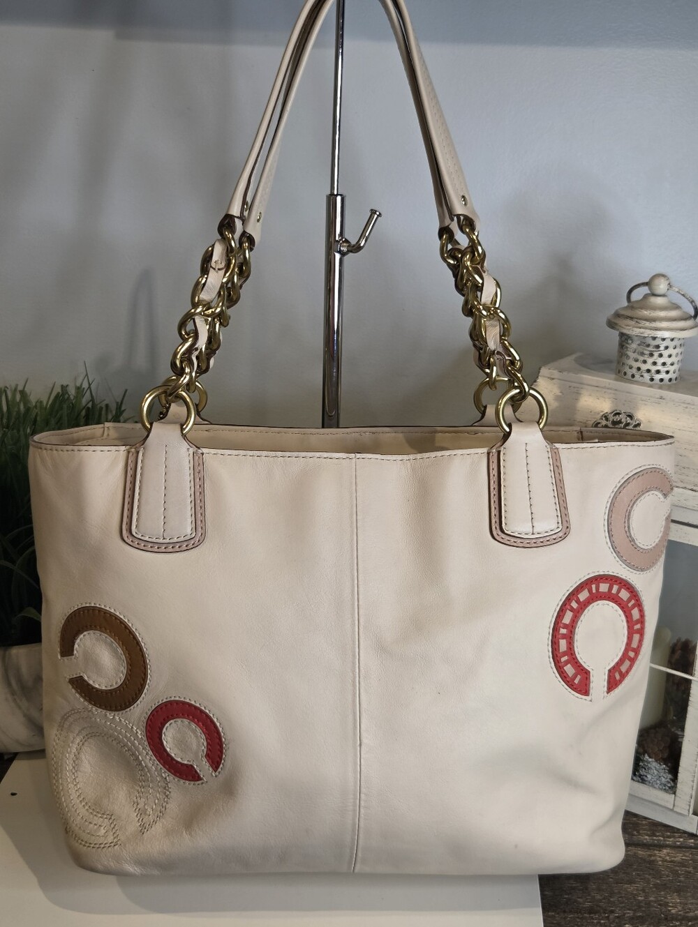 Coach Madison Op Art Whipstitch Leather Tote Bag Parchment White 22279 EUC - Picture 7 of 16